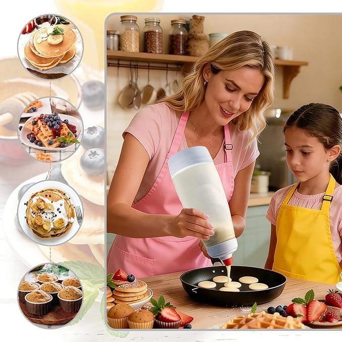 Pancake Batter Dispenser with Wire Whisk, BlenderBall, Silicone Spatula and Brush, Cleaning Brush, 1000 ML Large Capacity Leak-Proof Design for Pancakes Waffles Muffins and Crepes(White)