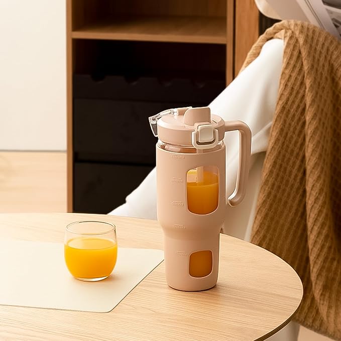 32oz Glass Tumbler with Straw Handle and 2-IN-1 Sip & Spout Lid, Reusable Iced Coffee Cup for Smoothie, Matcha, Leakproof Glass Water Bottle with Straw and Silicone Sleeve, BPA Free-Amber