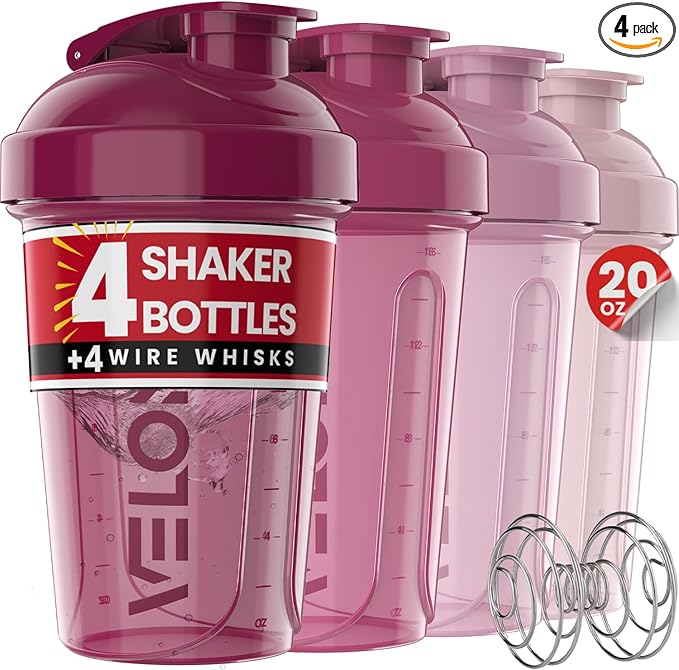 VELOMIX -4 PACK- 20 OZ Protein Shaker Bottle for Protein Mixes - 4x Wire Whisk | Leak Proof Shaker Cups for Protein Shakes | Stackable Protein Shaker Bottle Pack | Dishwasher Safe (Berry Blend)