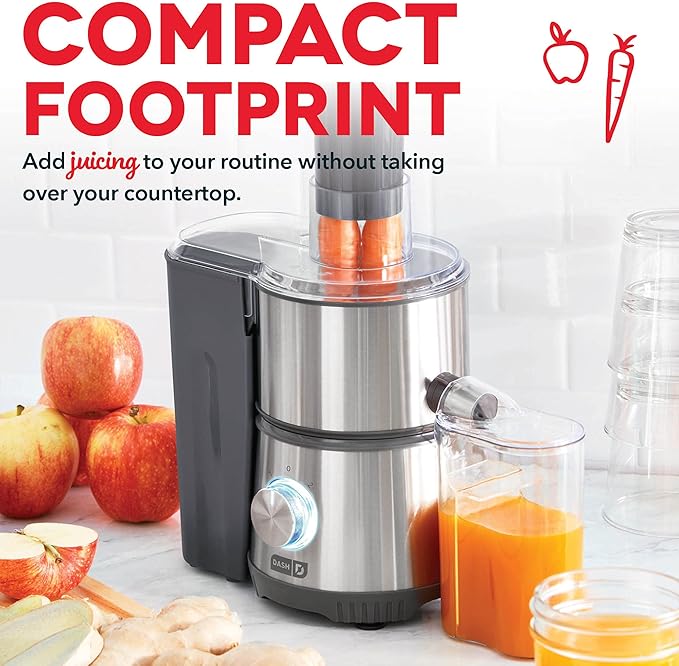 Dash Compact Centrifugal Juicer, Press Juicing Machine, 2-Speed, 2" Wide Feed Chute for Whole Fruit Vegetable, Anti-drip, Stainless Steel Sieve - Cool Grey
