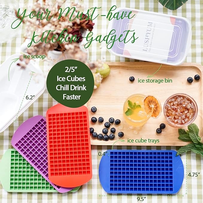 Mini Ice Cube Trays for Freezer with Bin and Scoop, 4 Pack 640 Small Nugget Ice Cube Tray Silicone BPA Free, Tiny Crushed Ice cubes Maker Molds for Chilling Coffee Juice Cocktail Whisky Boba