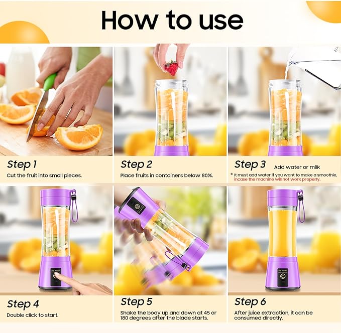 Portable Blender for Smoothies & Shakes - Cordless Personal Size Blender with 6 Blades, 380Ml Juice Cup, Lightweight & Rechargeable, Freshly Squeezed for Picnic/Sports/Office