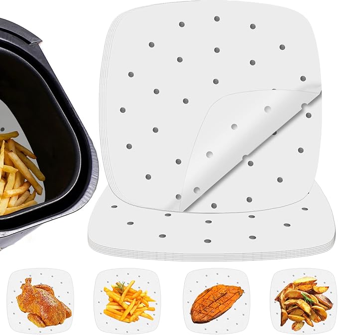 Numola 100 Pcs Air Fryer Liners Disposable Parchment Paper, 10 Inch Perforated Airfryer Sheets for Baking, Square Non-Stick Steamer Liner for Oven, Microwave, Steaming Basket