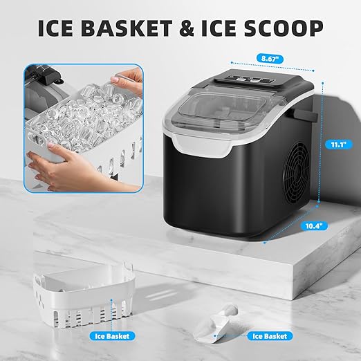 Antarctic Star Countertop Ice Maker Machine, 8 Cubes in 6 Mins, 26.5 lbs/Day, Self-Cleaning, 2 Sizes, Ultra-Quiet for Home/Kitchen/Camping/RV Black