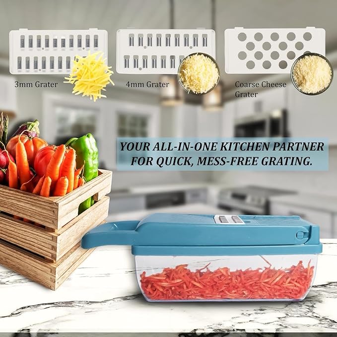 Kalmat Dynamics Food Chopper and Vegetable Slicer, 16-in-1 Multi-Function Kitchen Chopper with 7 Blades and Container, Free Black Cooking Apron (Blue+white)