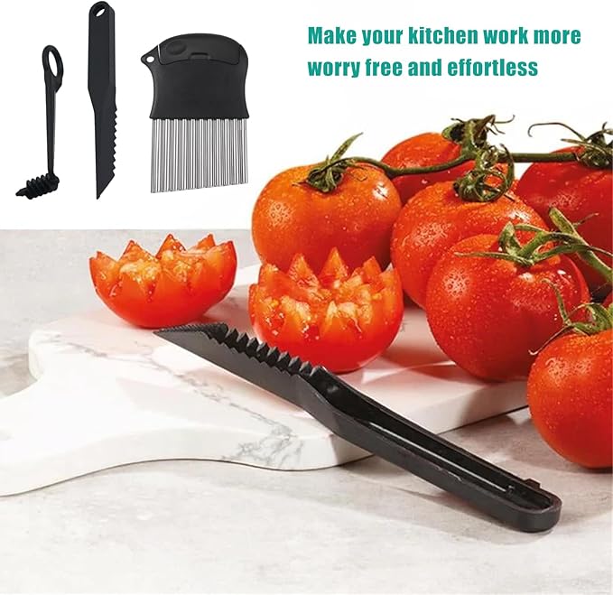 4 Piece Kitchen Spiral And V-Shaped Tools, vegetable peeler,crinkle cutter knife, Multifunctional Kitchen Set, Stainless Steel Manual Kitchen Tools for Creative Food Decoration(black