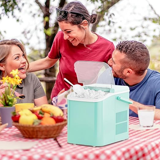 Ice Makers Countertop, Portable Ice Machine with Handle, 6 Mins 9 Bullet Ice Cubes with Basket and Scoop, 26lbs in 24Hrs, Auto-Cleaning, for Home, Kitchen, RV, Camping, Green
