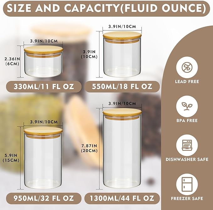 2PCS Small Glass Storage Jars with Airtight Lids,18 fl oz (550ml) Cute Clear Storage container with bamboo Lid,Glass Pantry Canister for Beans, Rice,Sugar,Cookie Coffee (N-Clear-2PCS-18FL OZ/550ML)