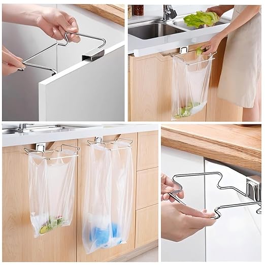 Metal Trash Bag Holder for Kitchen,Office,Dorm Room,Hanging Trash Can, Under Cabinet Hanger Rack,Space Saving Garbage Hook,Bag Holder for Plastic Bags (Black, 9.3 * 5.9'')