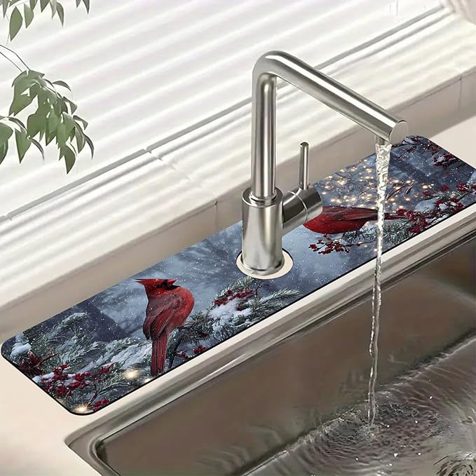 Christmas Winter Kitchen Sink Splash Guard Faucet Mat Cardinal Super Absorbent Fast Drying Mat Sink Splash Guard Behind Faucet for Kitchen Bathroom, 23.5"x5.5"