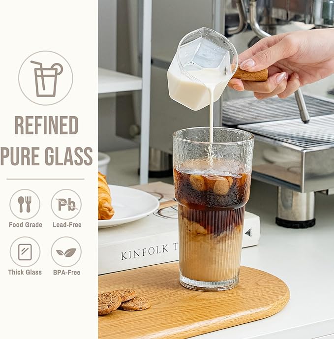 20oz Glass Tumblers with Lids and Straws, Set of 4 - Stylish Ribbed Design Drinking Glasses for Iced Coffee Cups, Juice, Smoothies, Cold Beverages, Includes Cleaning Brush, Durable Glassware