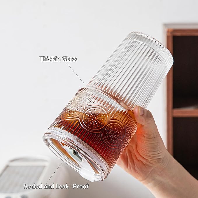 INSETLAN 20oz Ribbed & Floral Glass Tumblers with Lids and Glass Straws, Set of 2 – Iced Coffee Cups, Reusable Drinking Glasses for Water, Smoothies, Tea, and Juice – Perfect for Travel & Daily Use