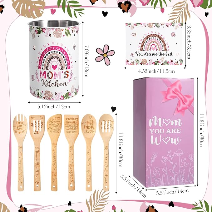 Reallnaive 9 Pieces Christmas Mom Utensil Holder Gifts Wooden Cooking Spoons Greeting Card Gift Box Boho Stainless Steel Utensil Holder for Mom Birthday Kitchen Gadgets Presents