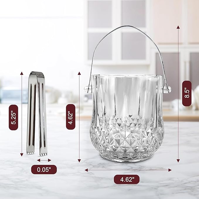 Lily's Home 1000ml -4.62" L x 4.62" W x 8.5" H - Glass Ice Bucket with Handle and Stainless Steel Tongs, Sparkling Ice Buckets, for Party,Wine Home Bar, Beer, Champagne, Cocktail Bar, Mini & Portable