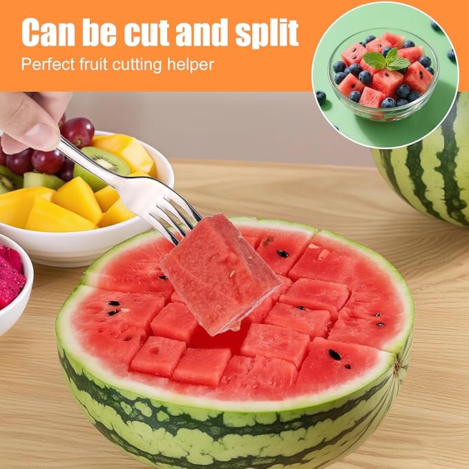 3Pcs Watermelon Cutter, 2025 Summer New 2-in-1 Stainless Steel Fruit Cutter 8.78 in Portable Dual Head Fruit Fork Melon Slicer Cutting Tool Kitchen Gadgets for Camping Picnic Home