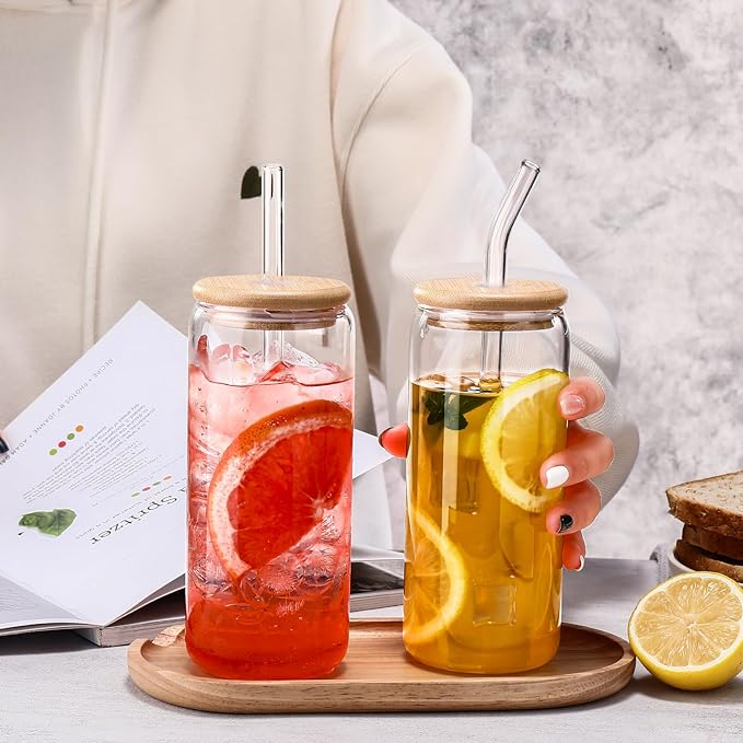 DWTS DANWEITESI Glass Cups “20oz”,Glass Cups with Lids and Straws 4 pcs-Coffee Cups,Drinking Glasses Set,Glass Tumbler with Straw and Lid Gift 2 Cleaning Brushes