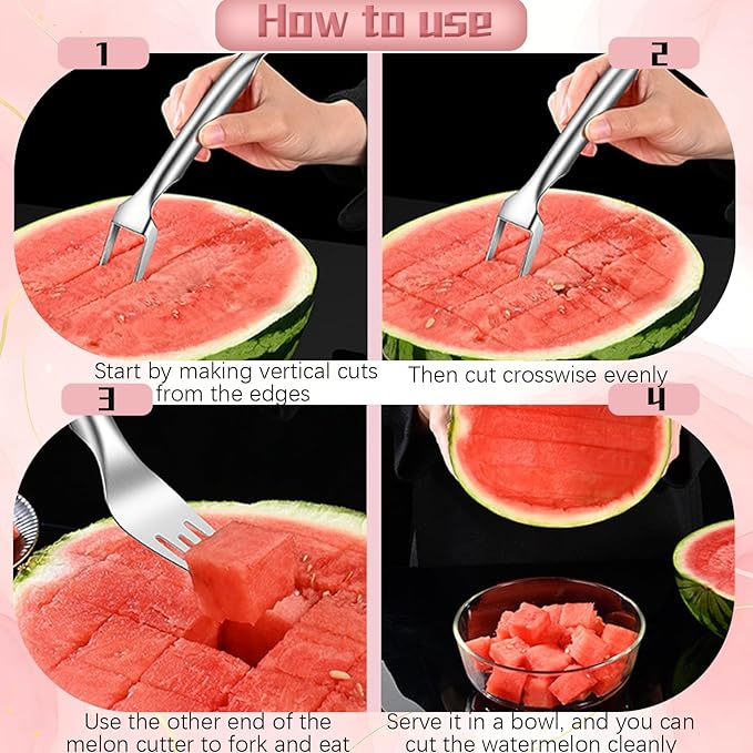 2-in-1 Watermelon Fork Slicer Cutter, Dual Head Watermelon Cube Cutter, Multipurpose Fruit Cutting Knife Summer Stainless Steel Watermelon Slicer for Kitchen Gadgets, Parties, Camping
