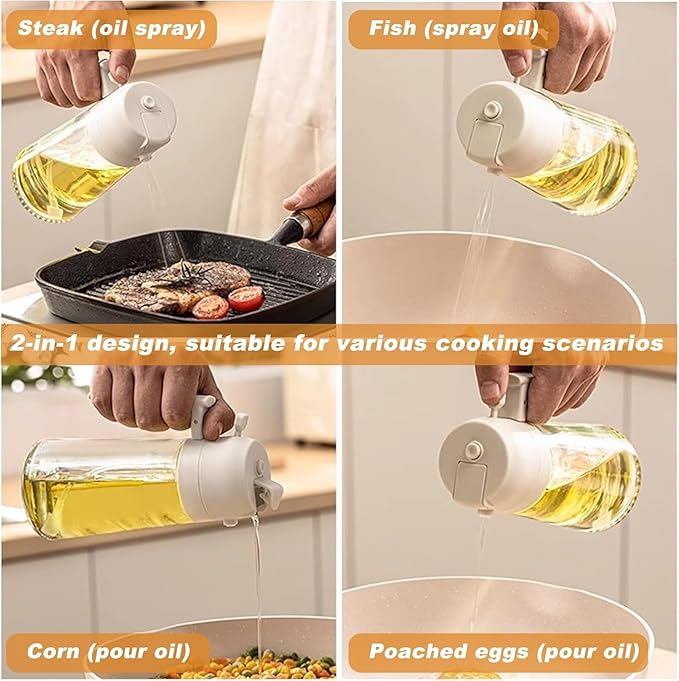 16oz/470ml Glass Olive Oil Sprayer for Cooking - 2 in 1 Olive Oil Dispenser for Kitchen Gadgets, Air Fryer, Salad, and BBQ (beige)