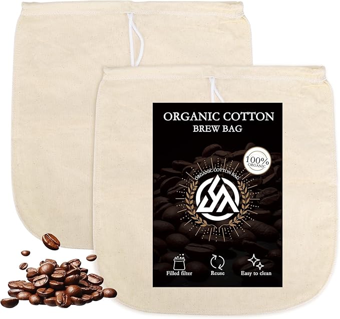 2 Pack Organic Cotton Cold Brew Coffee Filter Bags, Reusable with Drawstring, 12x12 Inch, for Pitchers, Mason Jars, Toddy Systems