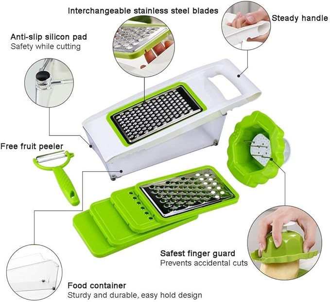 Mandoline Slicer Vegetable Potato Slicer Grater Cutter Chopper, HaetFire Julienne Slices and Shreds Fruits and Vegetables Chopper, Food Container, Safety Food Holder, 5 Interchangeable Sharp Blades