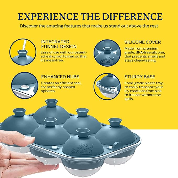 Samuelworld Large Ice Ball Maker with Lid, 6 x 2.5 Inch Ice Balls - BPA Free, Easy To Fill Round Silicone Ice Tray, Perfect Spheres Craft Ice Maker for Whiskey, Cocktails (Light Teal)