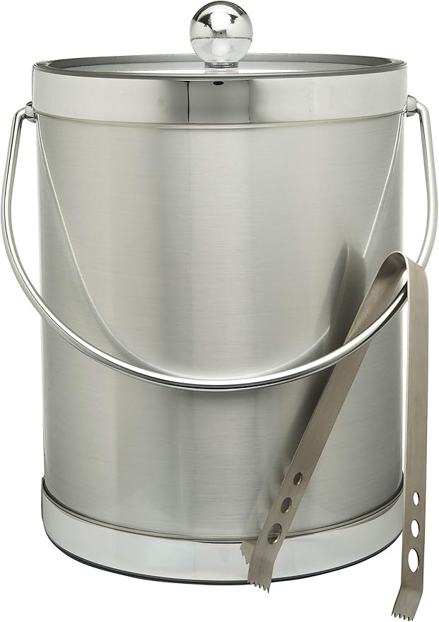 Made In USA Metallic Deco Collection Double Walled Insulated Ice Bucket With Ice Tongs (5-Quart, Silver)
