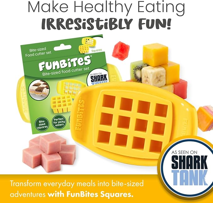 FUNBITES Crustless Sandwich Cutter for Kids Lunch (2-piece set), Uncrustable Sandwich Cutter, Bite-Size Food Cutter for Toddlers, Bento Box Accessories, BPA-FREE Dishwasher Safe, Yellow Squares 1pk