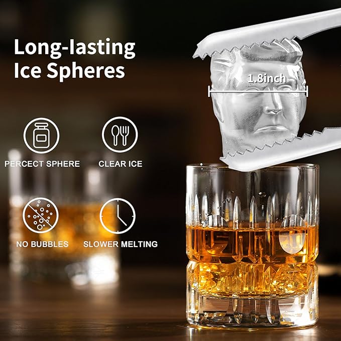 3D Ice Cube Tray,1.8" Clear Ice Cube Maker for Whiskey&Cocktails & Bourbon lover,Funny Presidential Head Molds Gifts for Men on Birthday or Holiday,Easy-Release Ice Ball Maker Mold-2 Pack