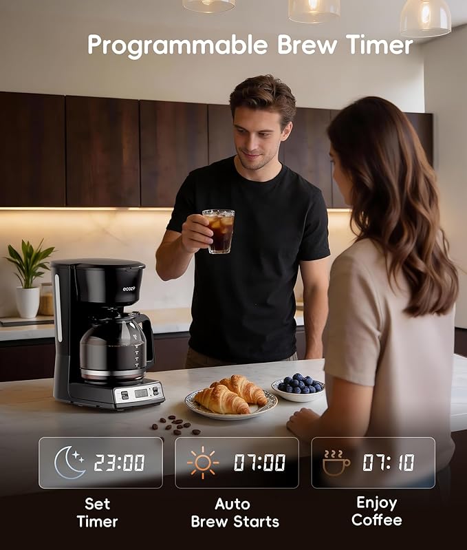 ecozy 12-Cup Drip Coffee Maker with Electric Coffee Grinder Combos, Programmable Coffee Machine with Washable Basket Filter, Auto Shutoff Function, No Drip Pause & Pour, Brezzano DuoSet