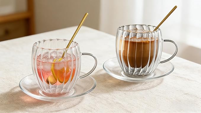 Double Wall Glass Coffee Mugs Set, Teacup with Saucer and Spoon Set of 2 Pack, 8.5oz/260ml for Cappuccino, Latte, Hot and Cold Drinks (Clear - Pumpkin Shaped - 2 Pack)