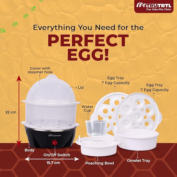 truTRTL 4 in 1 electric egg cooker | Boils upto 14 eggs | Poacher | Omelet maker | Vegetable steamer, dumpling & More | Royal Black