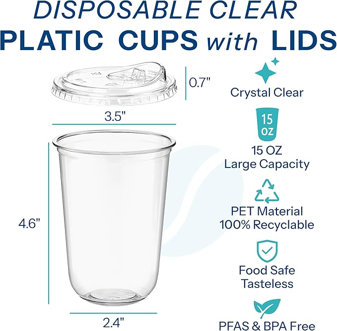 Homestockplus 15 oz Clear Plastic Cups with Lids (100 Pack) - Strawless Sip Lids, Leak-Proof & BPA-Free Iced Coffee Cups - Disposable Cold Drink Cups for Smoothies, Milkshake, Parties, Events