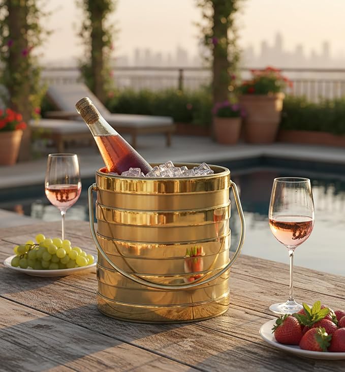 Made In USA Metallic Deco Collection Double Walled Insulated Ice Bucket With Ice Tongs (3-Quart, Gold Stripes)