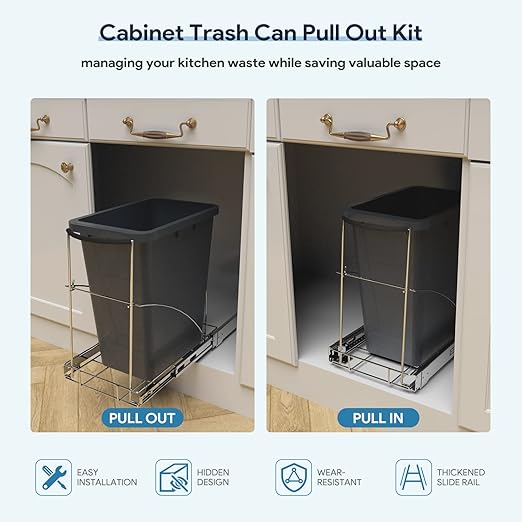 Tanamu Pull Out Trash Can Under Cabinet，Under Sink Slide Out Garbage for Kitchen，Requires 13" W X 18" D Minimum Cabinets，Not Included Can，Chrome Adjustable for 7-10 Gal Can