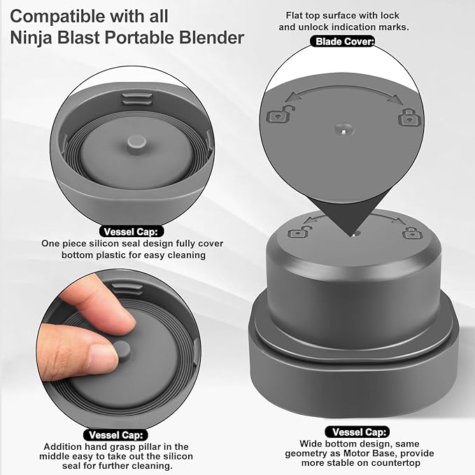 Blade Cover and Vessel Cap for Ninja Blast Portable Blender BC100 Series and BC151 Series, Accessories, Replacement Parts, Leakproof, Dishwasher Safe, Food Grade. Grey