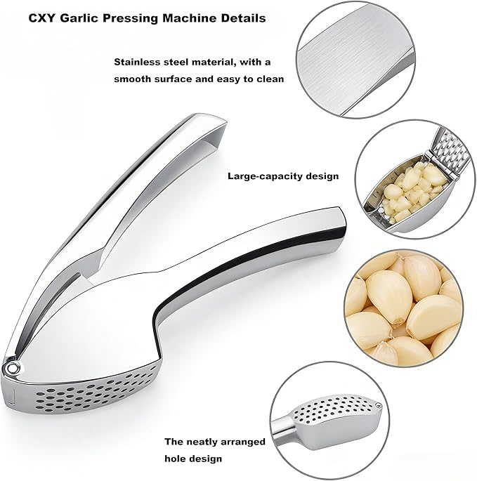 Garlic Press, Stainless Steel Garlic Crusher with Soft Ergonomic Handle, Rust-Proof Garlic Mincer Tool, Dishwasher Safe, Includes Silicone Garlic Peeler & Cleaning Brush