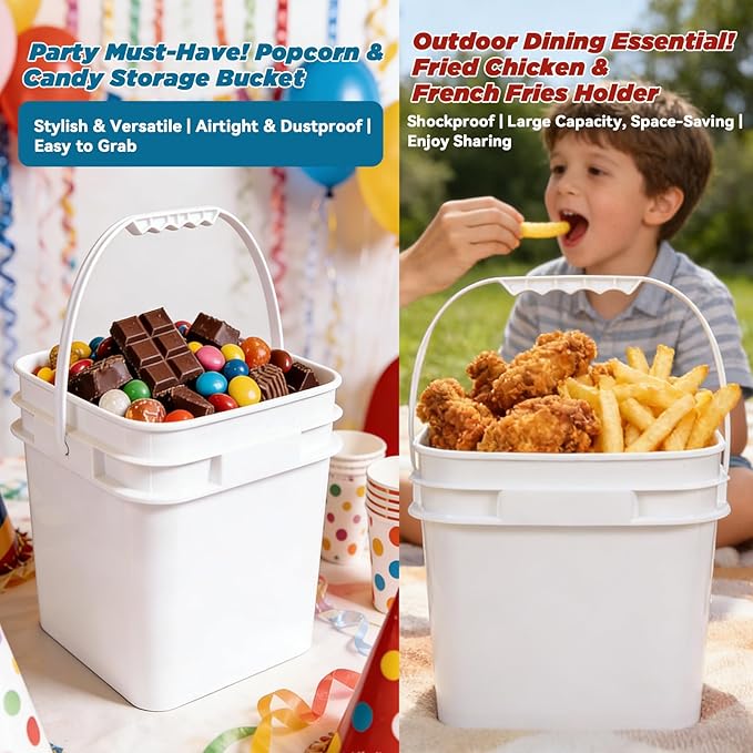 Bucket with Lid - 4 Packs Square White Plastic Storage Containers, Food Safe with Handle, Airtight Pressure Lids for Kitchen & Home (White, 1 gal)