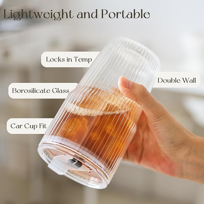 KEMORELA 16oz Ribbed Double Wall Glass Cups with Lid and Straw 2PCS, Coffee Bar Accessories，Insulated Borosilicate Glass Tumblers, To Go Iced Coffee Cups, Spill proof tumbler,tumblers & water glasses
