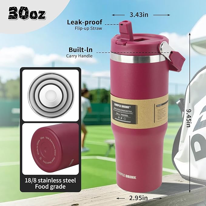 30oz Flip Straw Insulated Water Bottle with Handle, Leak Proof Stainless Steel Travel Tumbler With Lid, Double Wall Vacuum Iced Coffee Travel Mug, Sport Cup, Outside use