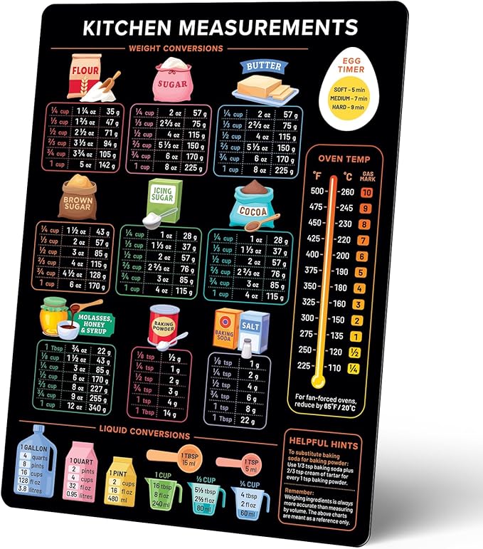 Levain & Co Kitchen Conversion Chart Magnet - Dark for Easier Cooking & Baking - Vintage Useful Gadgets - Cute Accessories - Cooking & Baking Accessories - Gifts for Bakers