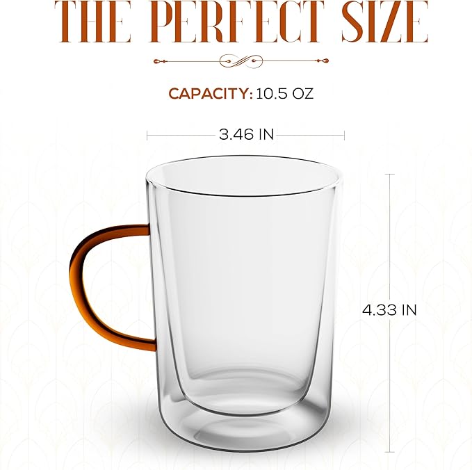 Elle Decor Double Wall Glass Coffee Mugs with Spoons | Set of 2 | Glass Cups with Colored Handles | Clear Coffee Mugs for Latte, Cappuccino, Espresso Coffee, Tea and Hot & Cold Beverages (Amber)