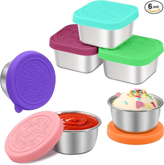 LIEMAND 6PCS Salad Dressing Container to Go, Leakproof Reusable Stainless Steel small container with lid,Sauce Containers for Lunch box,Picnics,Travel,Office and Meal Prep-1.6+2.7 Sets