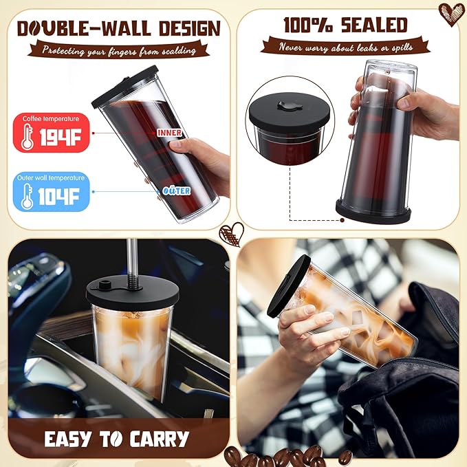 Honeydak 4 Pack 24 oz Reusable Iced Coffee Cups with Lids and Straws Leakproof Double Wall Insulated Clear Plastic Iced Coffee Tumblers with Straw Brushes