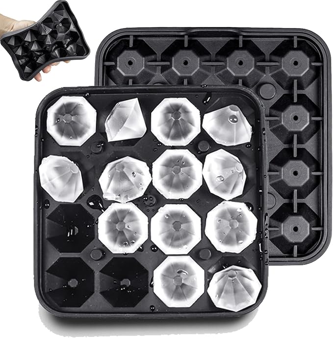 Tiny Diamond Ice Molds 2 Pack, Small Diamond-Shaped Silicone Ice Cube Trays 16 Cubes Per Tray, Easy Release, BPA-Free Mini Ice Cube Trays with Lid