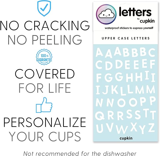 CUPKIN Waterproof Stickers to Personalize Your Stainless Steel Kids Cups: Write Your Kid's Names or Fun Words (47 Sticker Sheet)