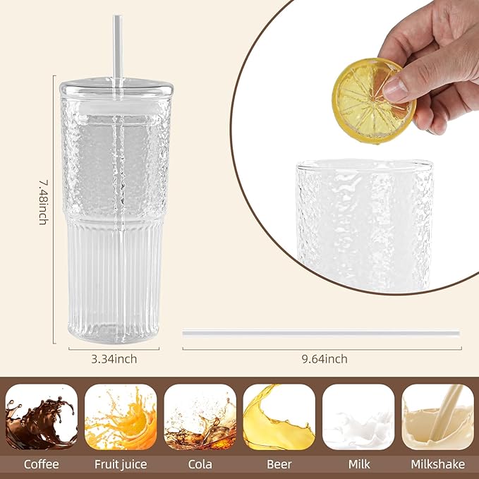 20 OZ Iced Coffee Cup With Glass Lids and Straws,High Borosilicate Glass Tumbler Cup Reusable Wide Mouth Smoothie Cups(Clear,1cup)…