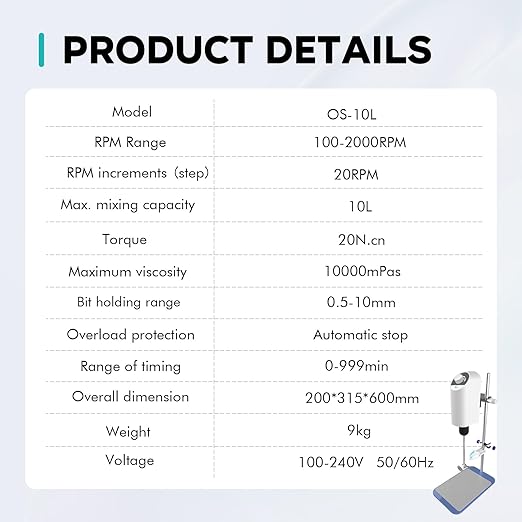 LAB FISH Laboratory Electric Overhead Stirrer Lab Digital Mixer | Stirring Rod and Stainless Steel Stand | Adjustable Speed 100-2000RPM,Powerful Heavy Duty 10L,10000 mPas