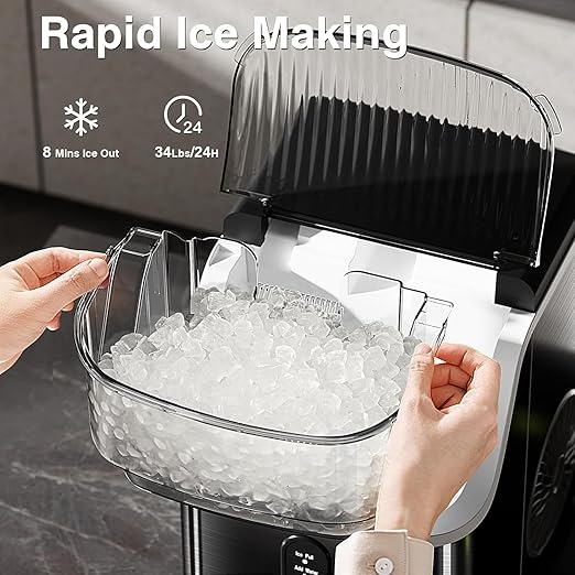 Antarctic Star Nugget Ice Makers Countertop, Portable Ice Machine with Ice Scoop & Basket, 34Lbs/24H, Self-Cleaning, One Click Operation for Office/Home/Bar (Stainless Steel Black)