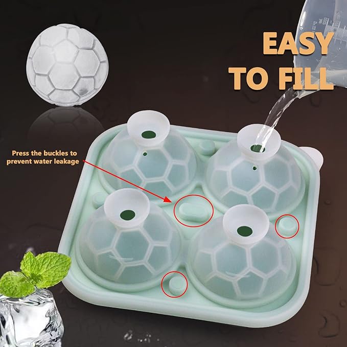 Soccer Ice Cube Mold, Football Shapes Ice Cube Tray, Silicone Sphere Ice Mold Chocolate Mold with Clear Funnel-type Lid, Make 4 Large Ice Balls for Chilling Whiskey Cocktails Drinks, Green