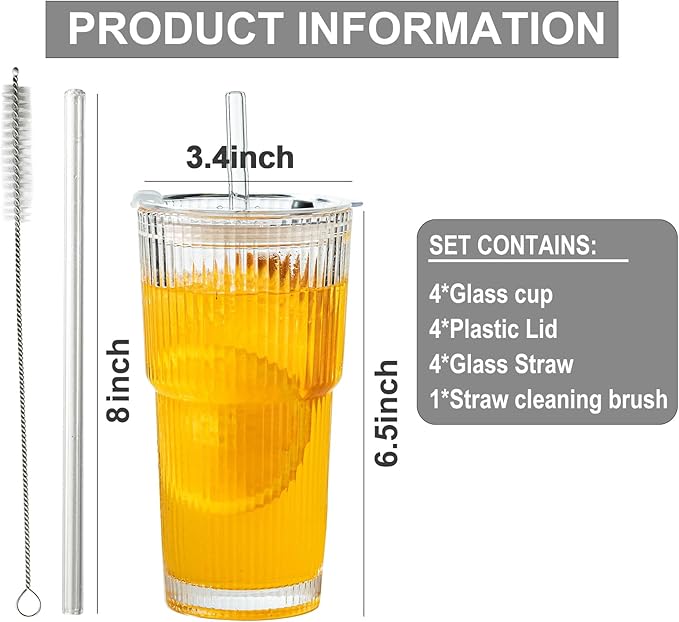 20 oz Ribbed Glass Tumbler with Lids and Straws - 4 Pack Iced Coffee Cups, Thickened Glass,cups for Iced Coffee, Smoothies, Cocktails and Juices 20.6 Cu. Ft.Freezer Refrigerator